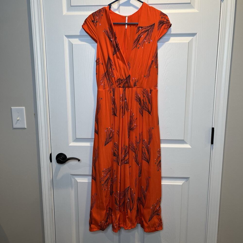 Free People Sz 10 Retro Coral Orange Floral Print Rayon Midi Dress Side Pockets - Picture 5 of 12